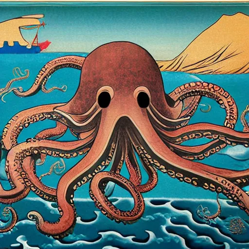 Image similar to photorealistic highly detailed japanese ancient art style painting of giant octopus sinking a ww2 battleship clutching in tentacles