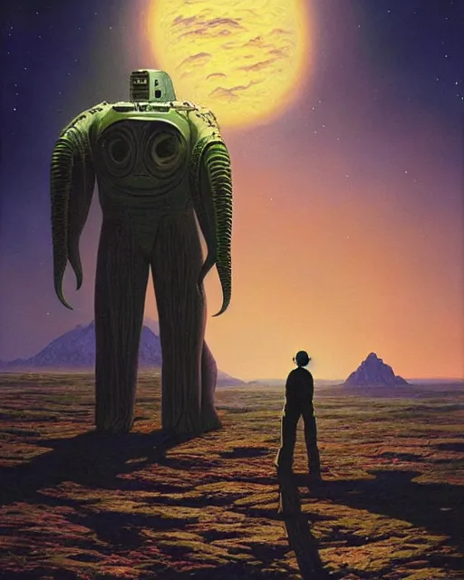 Image similar to a painting of a man standing in front of a giant alien, poster art peter elson and tim white and h. r. van dongen, cgsociety, space art, lovecraftian, cosmic horror, poster art