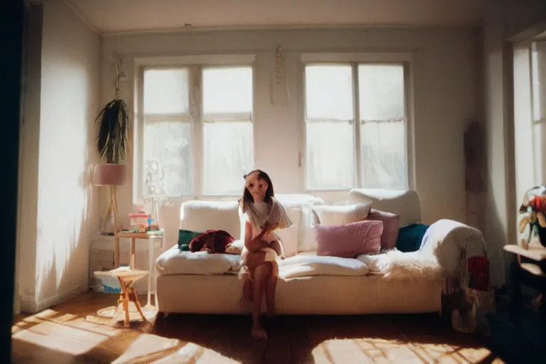 Image similar to film photography of the light shining on girl in living room interior, soft light, no focus