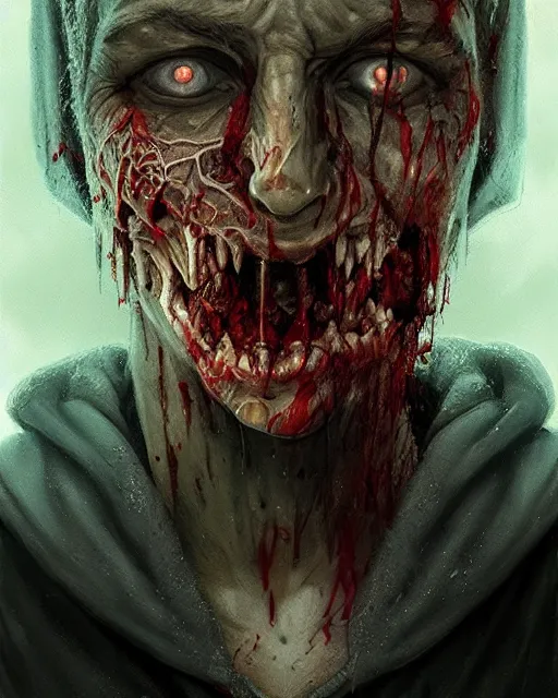 Image similar to hyper realistic photo portrait zombie with hoodie cinematic, greg rutkowski, james gurney, mignola, craig mullins, brom