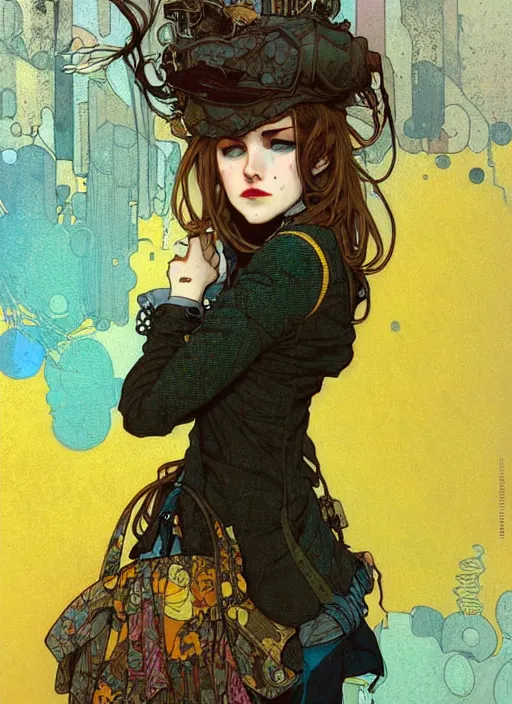 Image similar to highly detailed portrait of a moody sewerpunk young adult lady with a harris tweed holdy by greg tocchini, by krenz cushart, by alphonse mucha, by kaethe butcher, gradient yellow, black, brown and cyan color scheme, grunge aesthetic!!! ( ( graffiti tag city background ) )