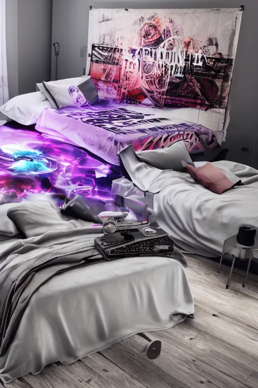 Image similar to photo of of bedlinen in a modern bedroom, band merchandise, bandname is tripmachine, tourname is invasion of the tripmachines, realistic digital art, bedlinen is textured with a 3 d render of a huge futuristic steampunk generator, 8 k, fluorescent colors, halluzinogenic, multicolored, exaggerated detailed, unreal engine