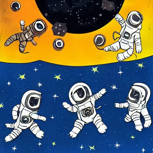 Prompt: pulp illustration of kittens in space suits on the moon