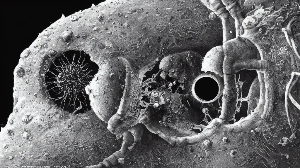 Image similar to a beautiful microscopic scientific photo of a coronavirus and a strange life form seen through an electron microscope, dark, sinister, detailed, art by Greg Rutkowski