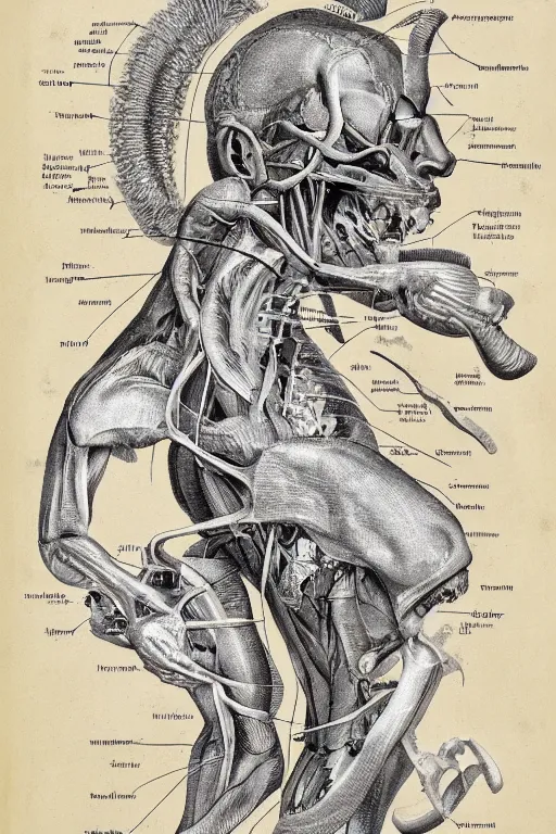 Prompt: anatomical encyclopedia illustration of a chimera, photorealistic, diagram, intricate details