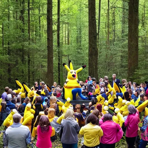 Image similar to photograph of a group of people worshipping a giant pikachu in a forest