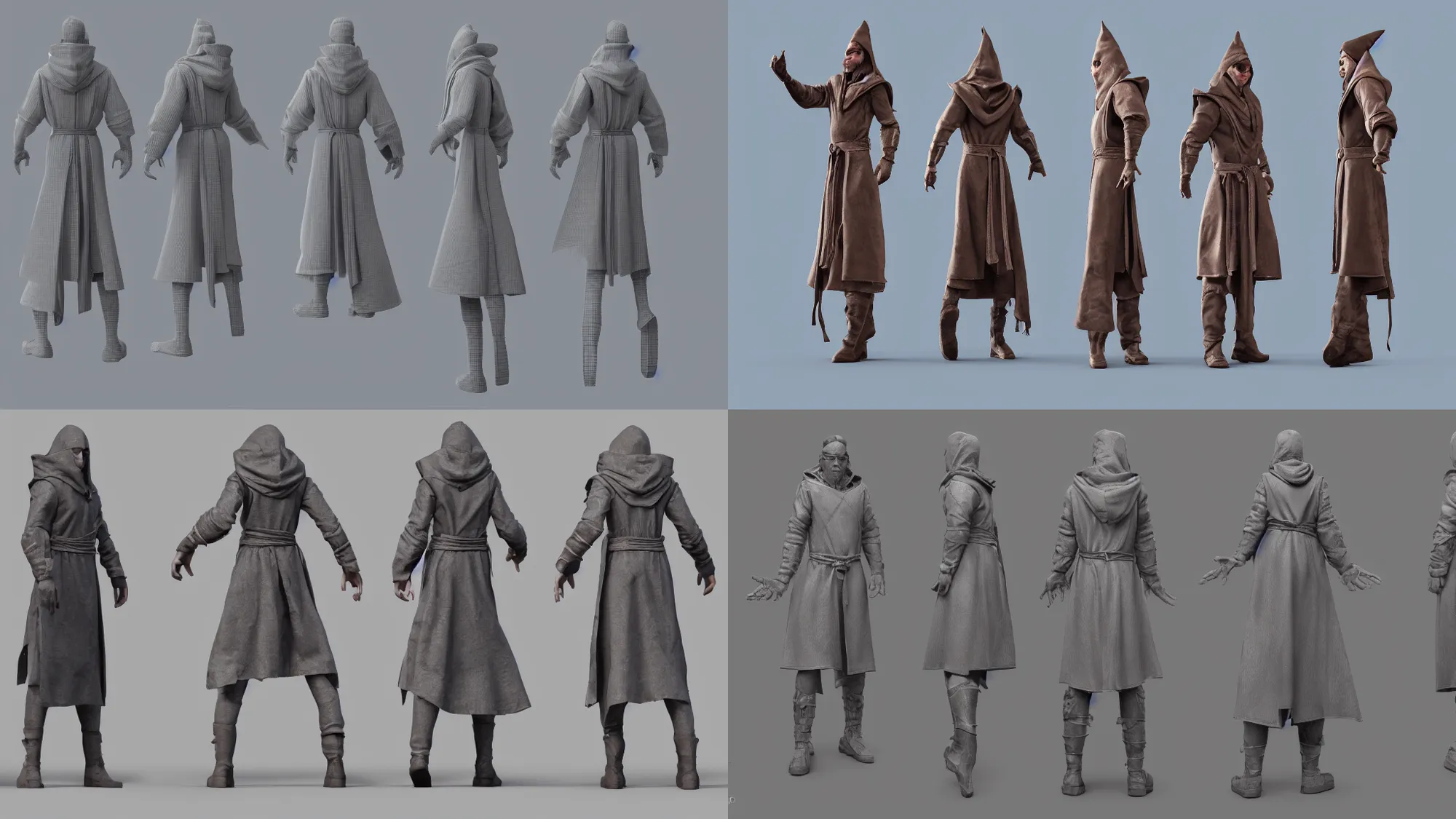 Prompt: 3d character design sheet, clean T-Pose of a male magic wizard, potions, belt, robes, hood, side view. top view. front view. T Pose, octane render, ray tracing, unreal engine 5, DAZ, ambient occlusion, insanely detailed, 8k,