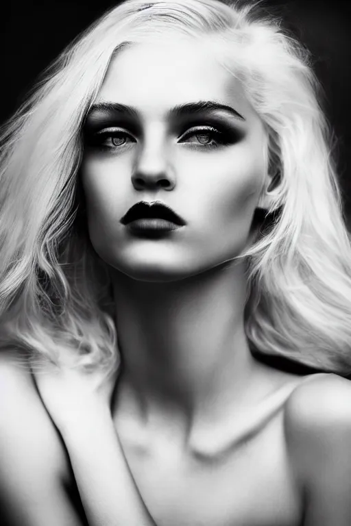 Prompt: stunning award - winning portrait by peter lindbergh of a beautiful young feminine blonde woman. close up black and white shot. vintage hollywood glamour. long shiny hair. dramatic high fashion makeup. canon 5 0 mm.