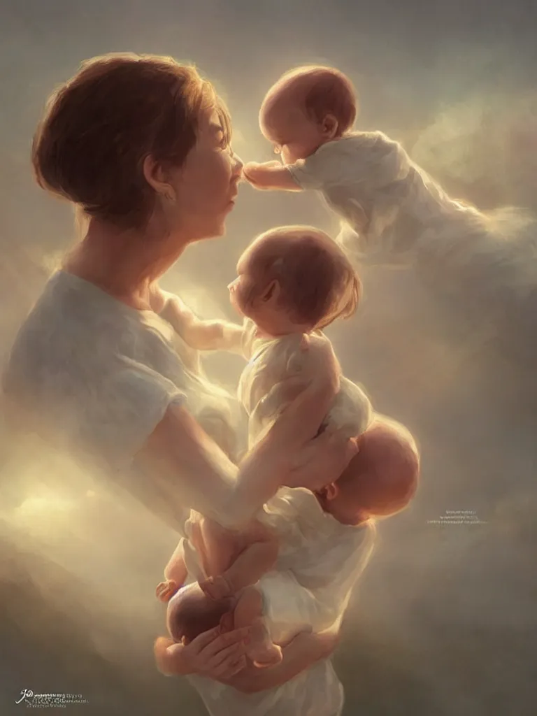 Prompt: mom @ holding up baby by disney concept artists, blunt borders, rule of thirds, golden ratio, godly light, beautiful!!!