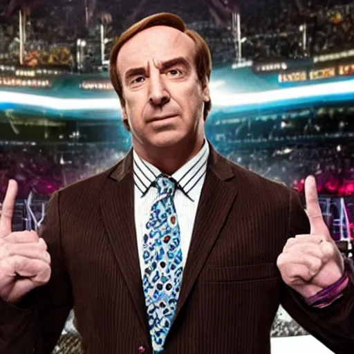 Prompt: Saul Goodman and Talking Ben in WWE Wrestlemania