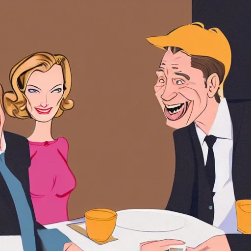 Prompt: a candid photo of bogey and bacall laughing and chatting with brad pitt and angelina jolie at a party, drawn in the style of phil noto,