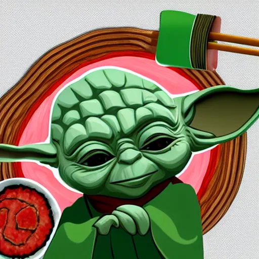 Image similar to yoda eating sushi with wood chopsticks, detailed, illustration, 2d, 4k