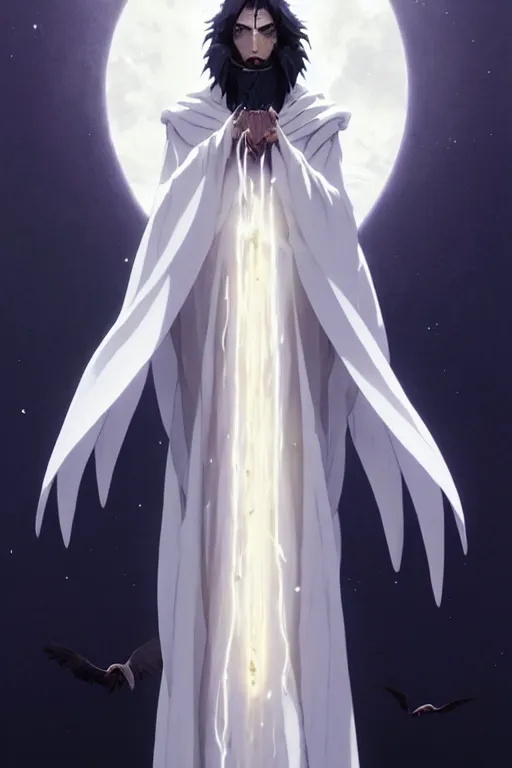 Image similar to raven headed warlock doing magic spells wind, white robes, finely detailed perfect face, exquisite details, mid view, design on a white background, by studio muti, greg rutkowski makoto shinkai takashi takeuchi studio ghibli