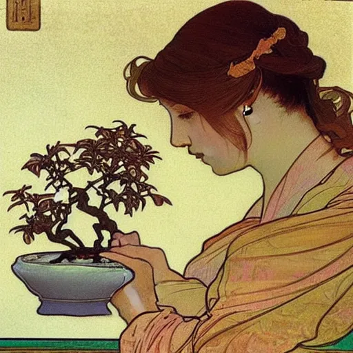 Prompt: “ a girl looking down at a small bonsai tree!!!!!, by alphonse mucha ”