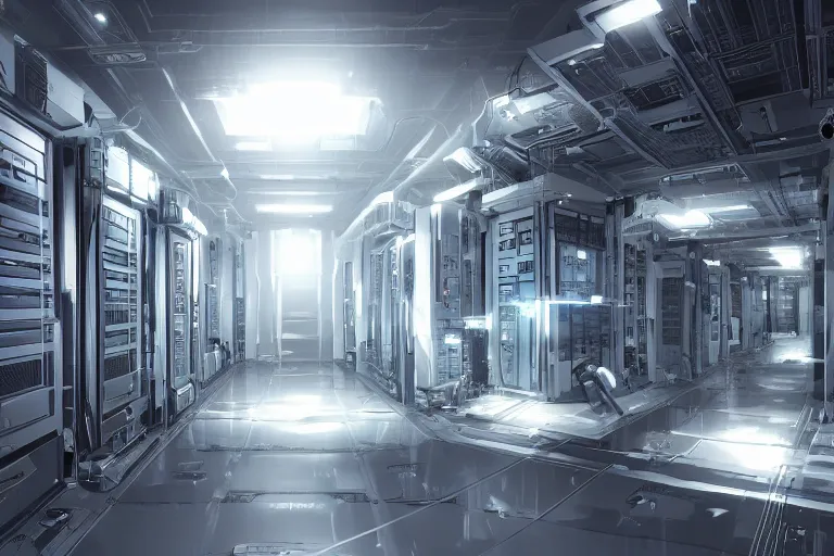 Image similar to parallax datacenter server room single mono colossus white rusty android robosaurus in artstation cinematic detailed concept art volumetric light sharp coherent racks diods