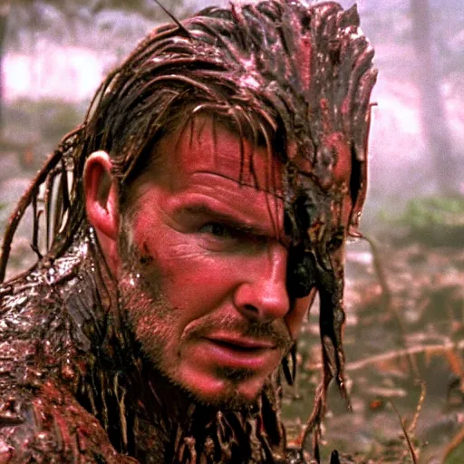 Image similar to cinematic still of david beckham, covered in mud and watching a predator in a swamp in 1 9 8 7 movie predator, hd, 4 k