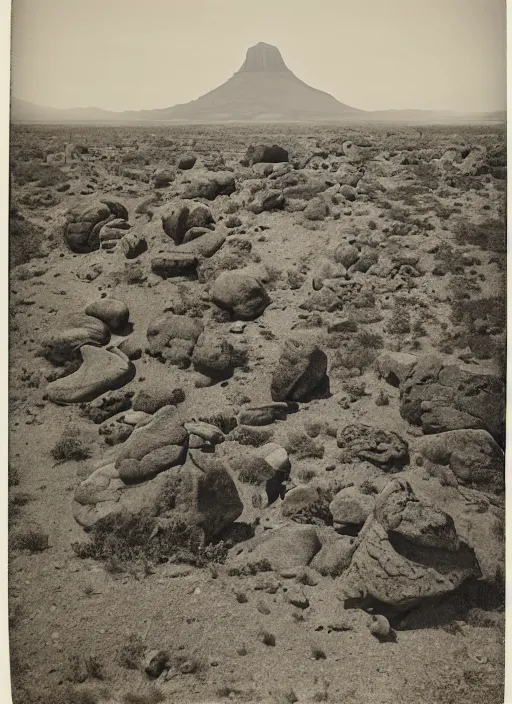 Prompt: View of a gigantic Tepuy in grassy desert, with boulders and lush desert vegetation at the bottom of it, albumen silver print, Smithsonian American Art Museum