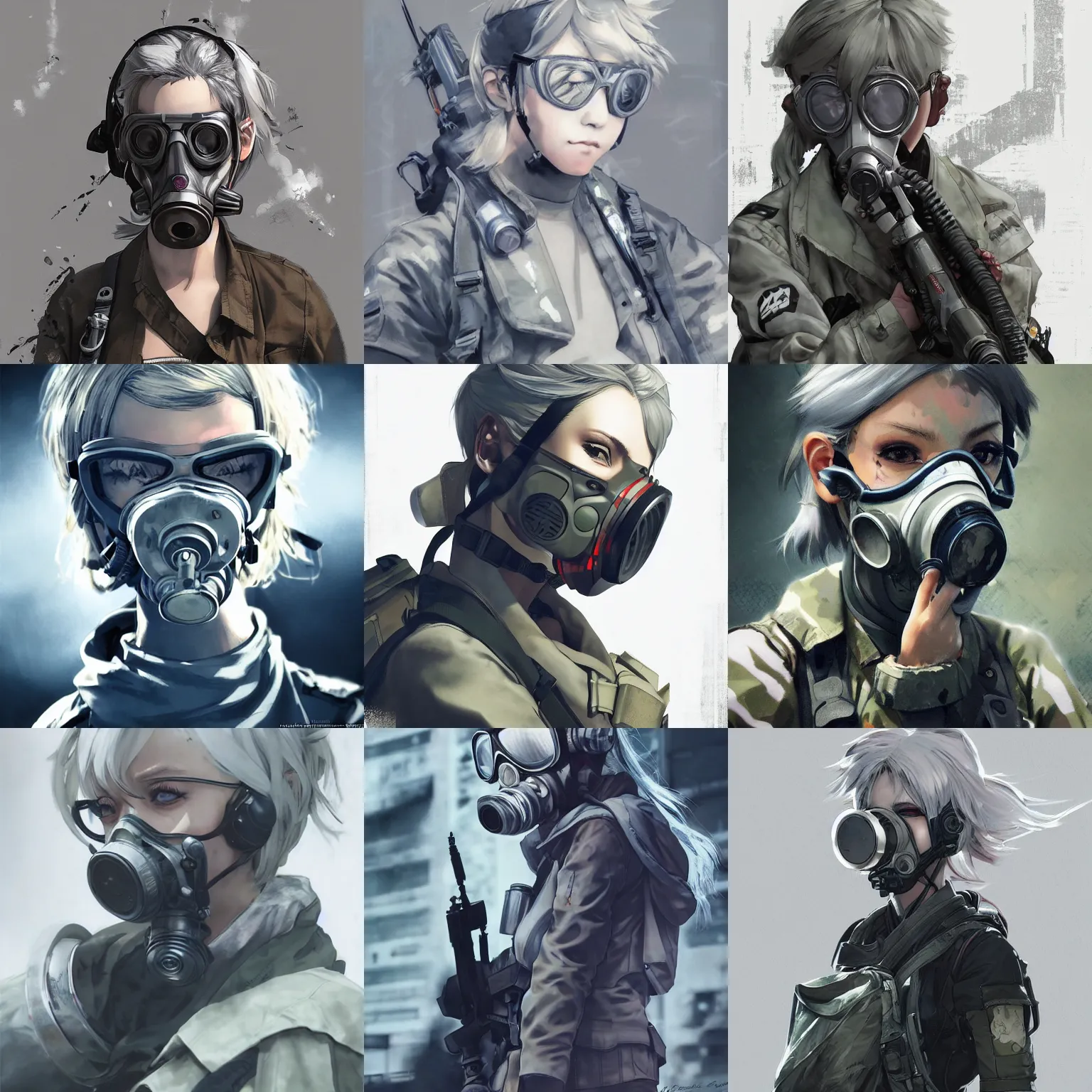 Prompt: girl silver hair, multicam, gas mask, realistic illustration by Yoji Shinkawa and Krenz Cushart, cinematic portrait