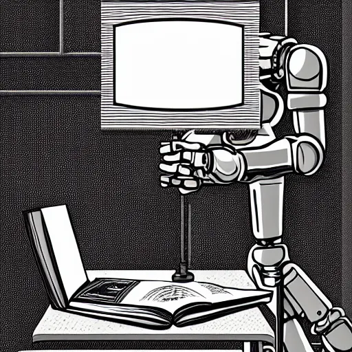 Prompt: a robot reading a book sitting in a desk chair and on the table a desk lamp turned on, in the background many books! dream a robot reading a book sitting in a desk chair and on the table a desk lamp turned on, in the background many books, gothic art, harlem renaissance