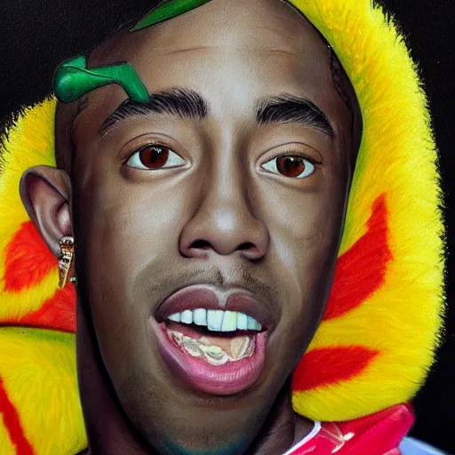 Prompt: a highly detailed painting of tyler the creator wearing a costume