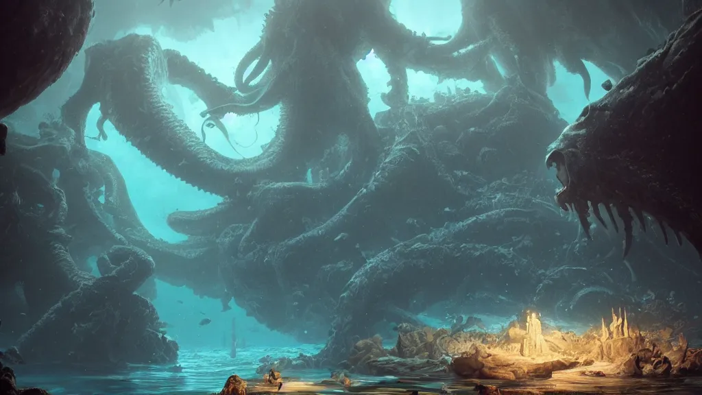 Prompt: A diver is under the sea, he is swimming away from the giant Cthulhu that is behind hunting him, this is an extravagant planet with wacky wildlife and some mythical animals, the background is full of ancient ruins, the ambient is dark with a terrifying atmosphere, by Jordan Grimmer digital art, trending on Artstation,