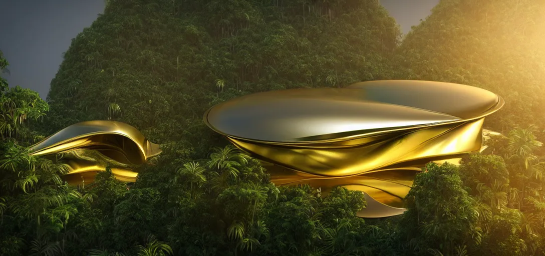 Image similar to futuristic shinny golden iridiscent mirror building in an jungle landscape of a biopunk city by zaha hadid and eladio dieste, movie poster, golden ratio, evening lighting, film still, realistic, octane render redshift arnold materials unreal engine, 8 k post production, hyper detailed