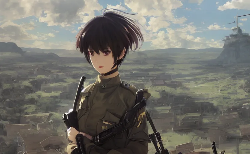 Image similar to panoramic view, girl, soldier clothing, battlefield in background, anime style, short hair, hair down, elegant face shape, symmetrical facial features, from arknights, hyper realistic, 4 k, extreme detail, detailed drawing, trending artstation, safebooru, realistic lighting, by alphonse mucha, greg rutkowski, anime eyes, sharp focus