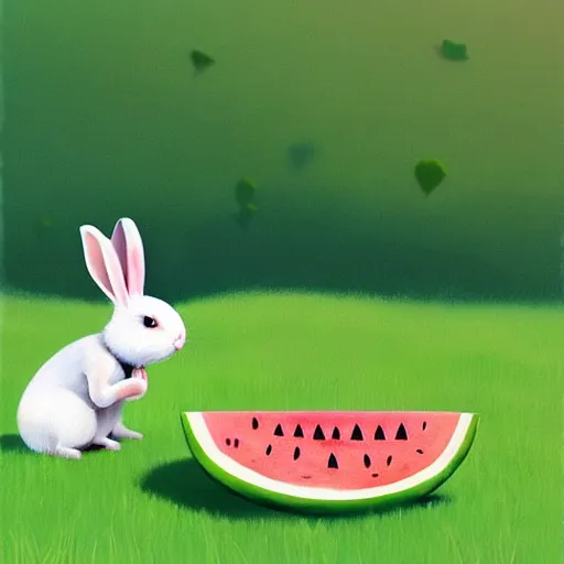 Prompt: a cute rabbit eating watermelon on the green meadow, a storybook illustration by goro fujita