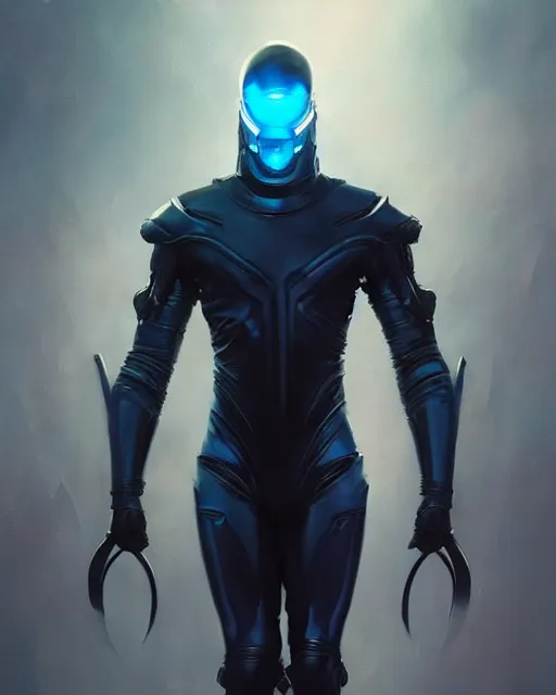 Image similar to character concept of iridescent sinewy smooth muscular male sleek glossy bluish black pearlescent scifi armor with smooth black featureless helmet, by greg rutkowski, mark brookes, jim burns, tom bagshaw, magali villeneuve, eve ventrue, trending on artstation