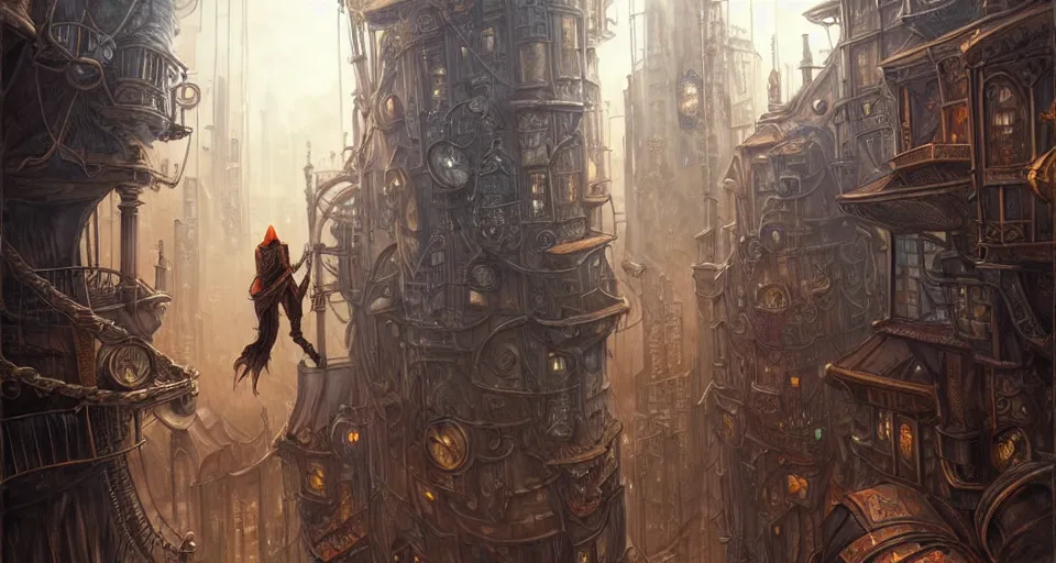 Image similar to landscape painting of fantasy metal steampunk city with walkways and lit windows and a hooded thief in browns leathers climbing one of the tall buildings using a rope, fine details, magali villeneuve, artgerm, rutkowski