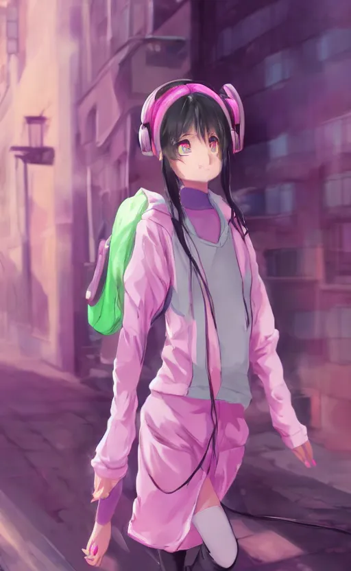 Image similar to anime girl with pink ponytail, wearing purple headphones, wearing a green sweater, with a smile on her face and her eyes closed, walking down a street, dynamic lighting, photorealistic fantasy concept art, trending on art station, very detailed, anime concept art, stunning visuals, creative, cinematic, ultra detailed