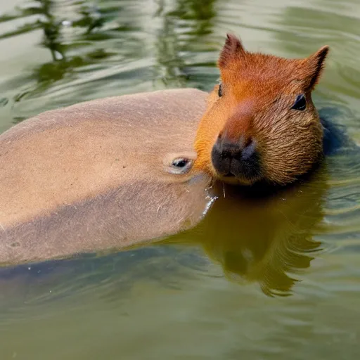 Prompt: photo of a capybara in a bathtub, with ducklings on it's head