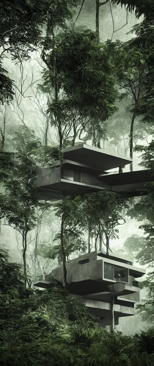 Image similar to architecture inspired by le corbusier in the rainforest. nature is taking over. upside down. metabolism. matte painting. octane render. hdr. volumetric lighting. global illumination. atmospheric. photorealistic. color scheme black and white.