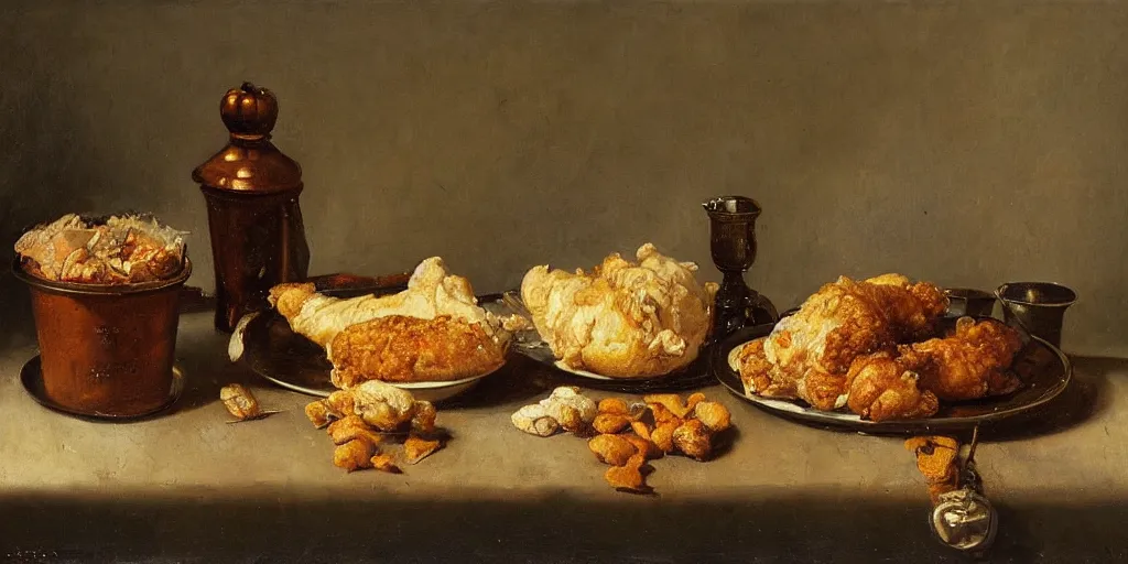 Image similar to a fineart still life painting of a KFC bucket and chicken on table. Oil on canvas, by Willem Kalf.