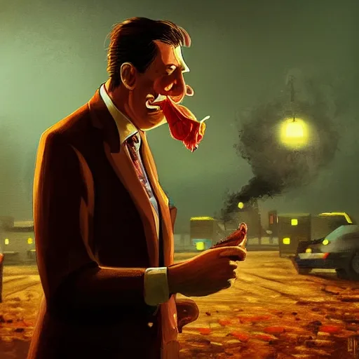 Image similar to a chicken wearing a suit smoking a cigar, dramatic lighting, cinematic, establishing shot, extremly high detail, photorealistic, cinematic lighting, artstation, style by James Gurney