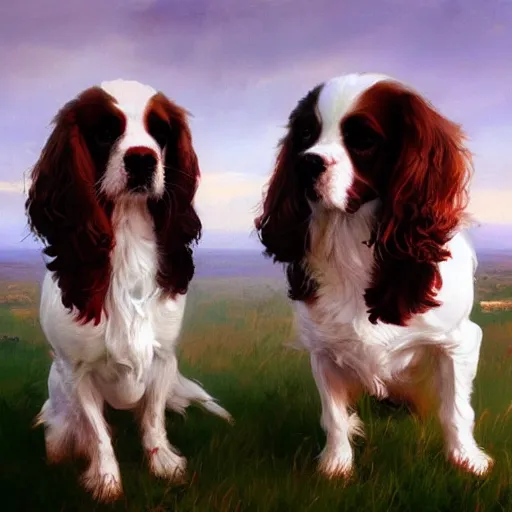 Prompt: master painting of two caviler king charles spaniels in profile, painterly, impressionistic, greg rutkowski
