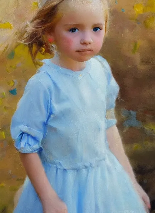 Image similar to a cute little girl with golden blonde hair and blue eyes standing in a picturesque french village wearing a sky blue summer dress. detailed face. beautiful painting by ruan jia