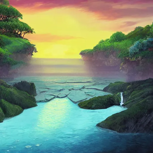 Image similar to beautiful painting of cliffs with waterfall, lake at the bottom of the waterfall, sunset windy evening, studio ghibli, highly detailed digital art