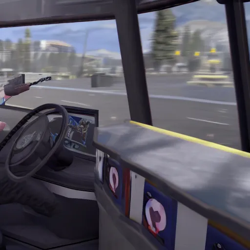 Image similar to niko bellic driving a bus in 4 k