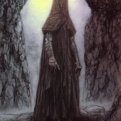 Prompt: painting in the style of artstation of a druid standing alone at the beginning of time by alan lee and brian froud
