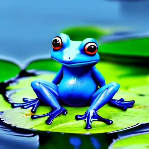 Image similar to cute blue frog sitting on a water lily, intricate, elegant, sharp focus, illustration, highly detailed, concept art, matte, trending on artstation, anime, art by kuvshinov ilya h 6 4 0