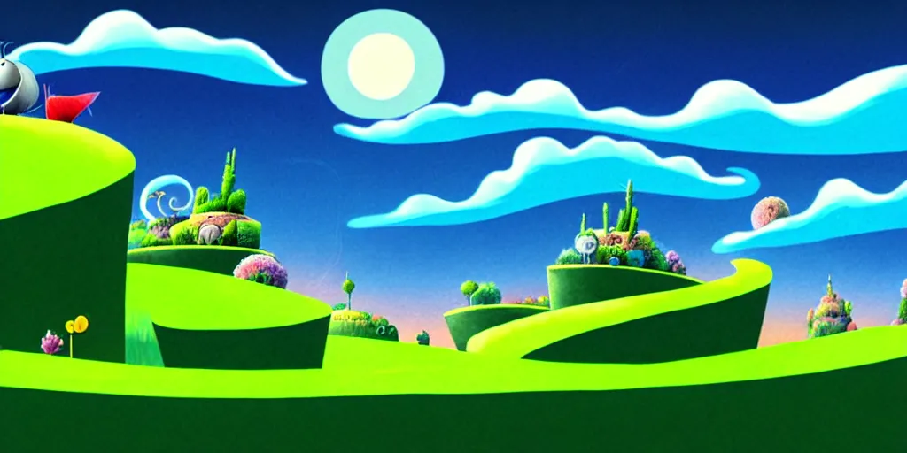 Prompt: nightscape chubby cartoon concept art, skyscrapper over a grass spiral hill, from lorax movie, black blue green, spiral clouds, sam and max, liquid smoke