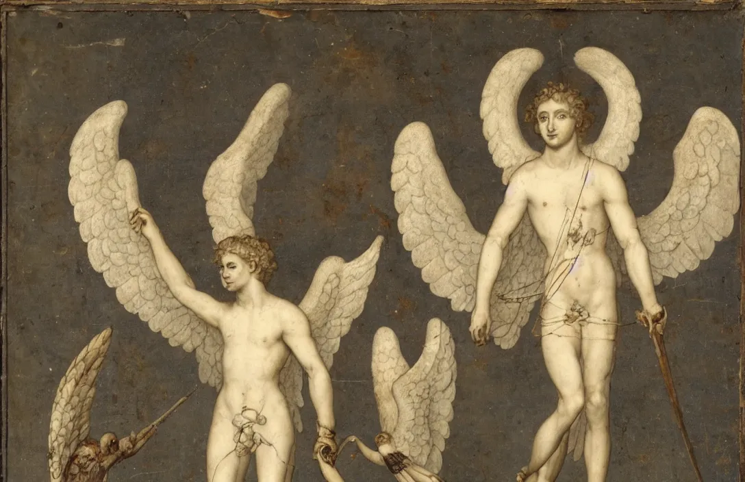 Prompt: a male archangel with three pairs of white wings