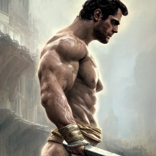 Image similar to henry cavill as a greek gladiator, gorgeous, amazing, muscular, intricate, highly detailed, digital painting, artstation, concept art, sharp focus, illustration, art by greg rutkowski and alphonse mucha