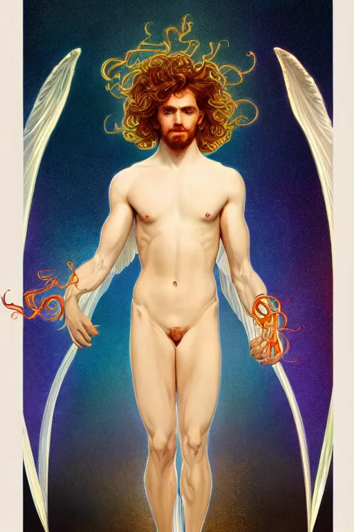 Image similar to symmetrical fullbody portrait of a beautiful young fit male angel with curly blond hairs, fulldressed in long fluent clothes, majestic big red bat wings, luminous fire halo, by greg rutkowski and alphonse mucha, gradient white to gold, in front of an iridescent background, highly detailed portrait, digital painting, artstation, concept art, smooth, sharp focus illustration