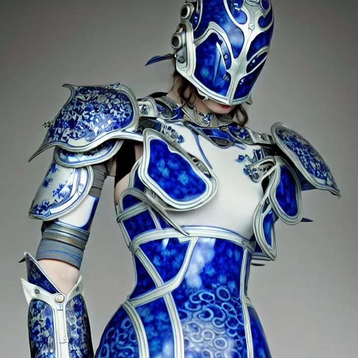 Image similar to porcelain cyborg armor, Chinese Blue and white porcelain 14th century, diffuse lighting, fantasy, intricate, elegant, highly detailed, lifelike, photorealistic, digital painting, artstation, illustration, concept art, smooth, sharp focus, art by John Collier and Albert Aublet and Krenz Cushart and Artem Demura and Alphonse Mucha