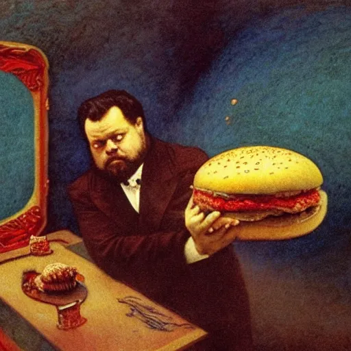 Prompt: orson welles hunting a giant hamburger, melancholy, mysterious, dark, concept art, sharp focus, illustration, by delphin enjolras, by carlos schwabe, by gustave dore