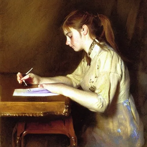 Image similar to a teenage girl with a ponytail is writing a letter with a golden feather pen, by anders zorn, oil painting