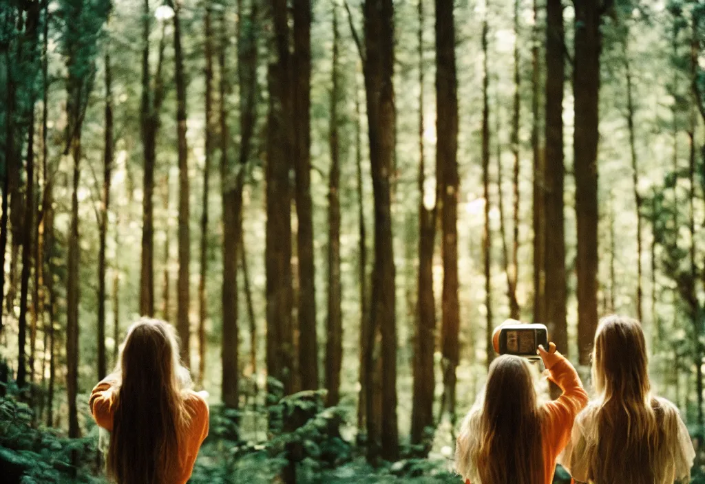 Prompt: lomo photo of two humans standing in front of a large forest cabin, cinestill, bokeh, out of focus, day, dramatic lighting