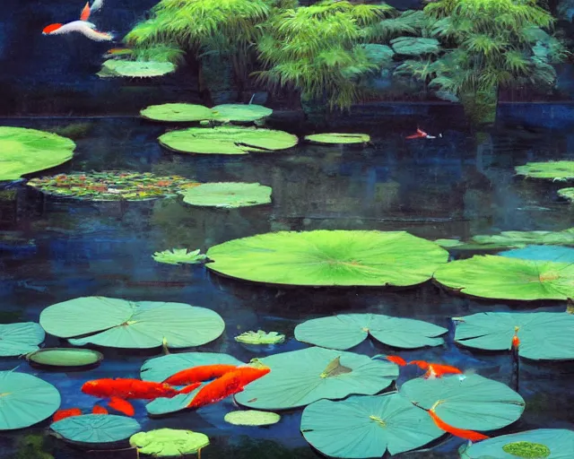 Image similar to koi pond, lotus flowers, dark blue water, green lily pads, goldfish, a fantasy digital painting by makoto shinkai and greg rutkowski, trending on artstation,